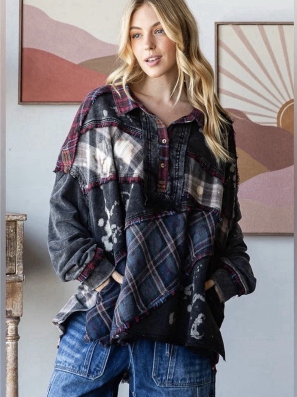 Oli & Hali Black and Burgundy Plaid Patchwork Jean Shacket